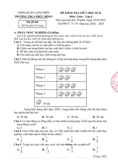 Đề thi Giữa kì 2 Toán 6 năm 2024-2025 trường THCS Phúc Đồng (Hà Nội)